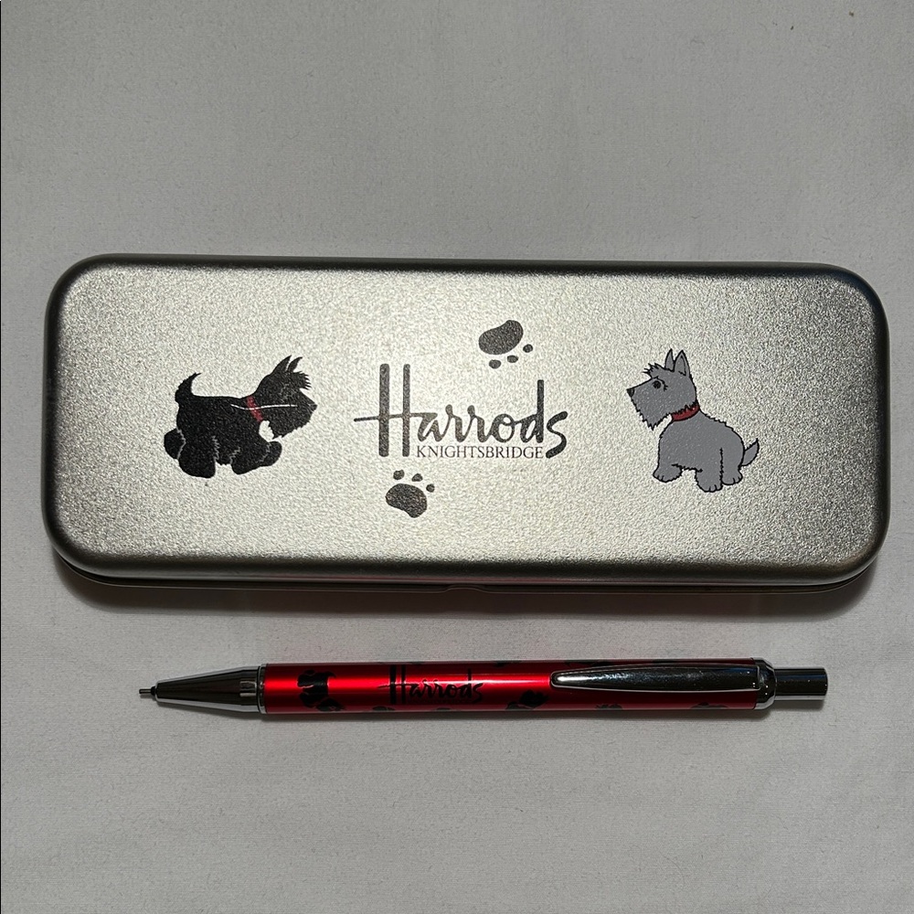 Harrods Silver Metal Pencil Case with Red Mechanical Pencil